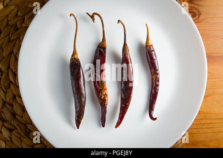 Four puya chilies on a white plate against a pine wood and woven seagrass background, shot flat-lay Stock Photo