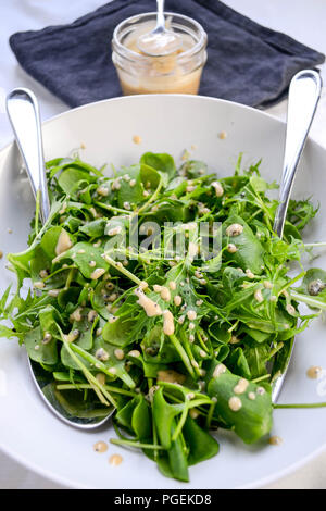 A simple green salad of mizuna and miner's lettuce served with a rhubarb and poppy seed vinaigrette, served in a white bowl with two serving spoons. Stock Photo