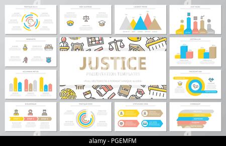 Crime, law, police and justice multipurpose presentation templates and infographics elements on white background. Use for business annual report, flyer, corporate marketing, leaflet, advertising, brochure. Stock Vector