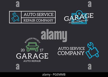 Set of retro vintage route map, automobile, wrench, screwdriver logo or insignia, emblems, labels and badges and other branding objects. Vector line style Stock Vector