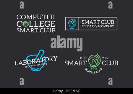 Set of retro vintage chip, tube, lab, space logo or insignia, emblems, labels and badges and other branding objects. Vector line style Stock Vector