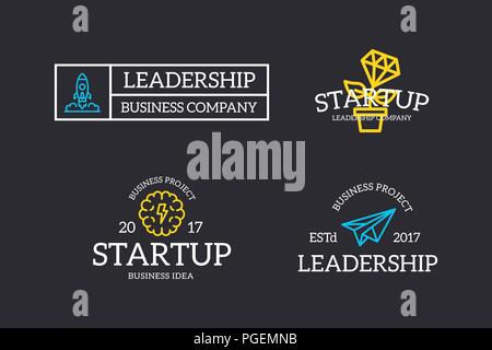 Set of retro vintage target, trophy, award, handshake, brain, plant growth, rocket logo or insignia, emblems, labels and badges and other branding objects. Vector line style Stock Vector