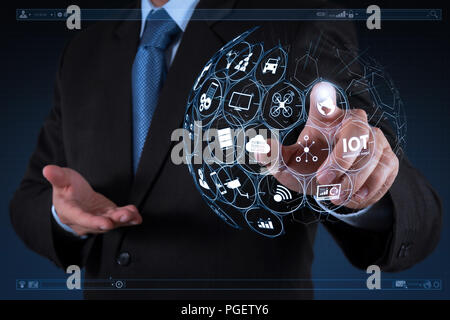 Internet of Things (IOT) technology with AR (Augmented Reality) on VR dashboard.businessman hand  working with touch screen in action Stock Photo