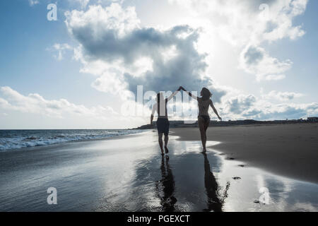 happiness and joyful concept for couple of young beautiful people viewed from back walking on the shore touching the hands eachother. love and friends Stock Photo