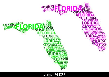 Sketch Florida (United States of America, The Sunshine State) letter text map, Florida map - in the shape of the continent, Map Florida - green and pu Stock Vector