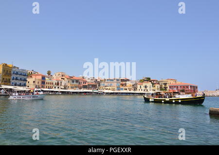 Magnificent Views Of Venetian Harbor Neighborhood And Its Hermitage In Chania With Two Beautifuls Ship In The Picture. History Architecture Travel. Ju Stock Photo