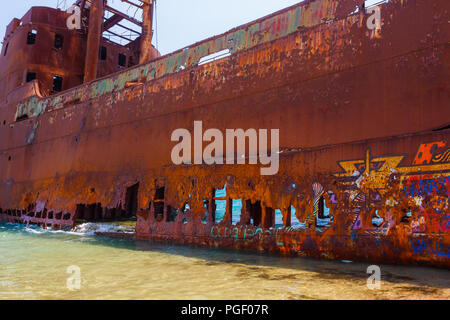 The famous Shipwreck near Gytheio in Lakonia, Greece, famous due to its picturesque location on an easily accessible sandy beach near Gythio Stock Photo