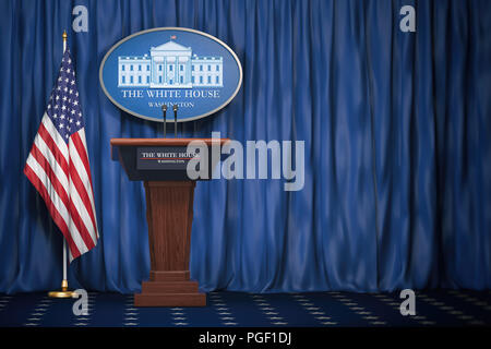 Podium speaker tribune with USA flags and sign of White House with space for text.  Briefing of president of US United States in White House.Politics  Stock Photo