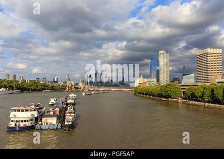 Panoramic weather view with dramatic sky, River Thames and South Bank towards the City of London skyline. London, UK Stock Photo