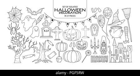 Set of isolated Halloween decoration in 37 pieces. Cute hand drawn haunted theme vector illustration in black outline and white plane on white backgro Stock Vector