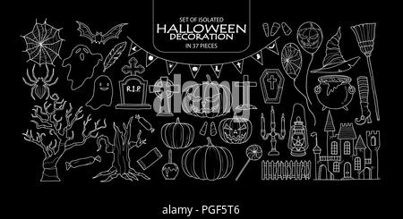 Set of isolated Halloween decoration in 37 pieces. Cute hand drawn haunted theme vector illustration only white outline on black background. Stock Vector