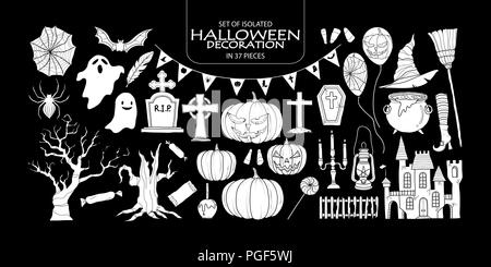 Set of isolated white silhouette Halloween decoration in 37 pieces. Cute hand drawn haunted theme vector illustration in white plane without outline o Stock Vector