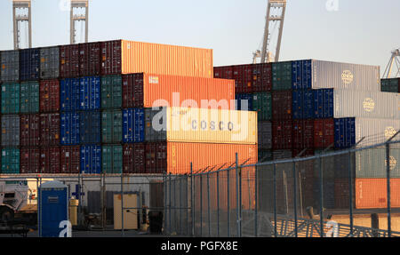 Long Beach, USA. 23rd Aug, 2018. Containers of China COSCO Shipping Corporation Limited are seen at the Port of Long Beach, Los Angeles County, the United States, Aug. 23, 2018. TO GO WITH Interview: Stricken port business in trade tensions hits U.S. economy -- port official Credit: Li Ying/Xinhua/Alamy Live News Stock Photo