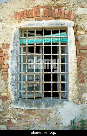Building's facade. Window with metal bars. Architectural detail. Close ...