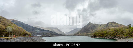 View over Llyn Peris to Snowdonia from Llanberis - Wales - UK Stock Photo