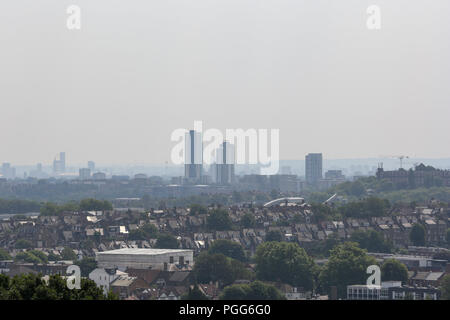 High levels of pollution over London’s skyline seen from Alexandra Palace in north London. Britain's heatwave has triggered a high pollution warning as temperatures is expected to reach 37 degrees celsius in some parts of the country by the end of the week.  Featuring: Atmosphere, View Where: London, United Kingdom When: 26 Jul 2018 Credit: Dinendra Haria/WENN Stock Photo