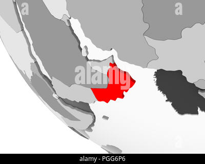 Oman in red on simple grey political globe with visible country borders and transparent oceans. 3D illustration. Stock Photo