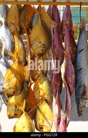 Different types of salted dried fish hanging on ropes on a street market in the south of Ukraine Stock Photo