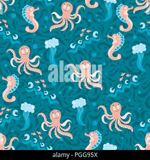 Cute seamless for kids with cartoon undersea world. Vector Illustration Stock Vector
