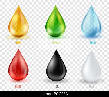 Vector set  transparent drops of various most common liquid subs Stock Vector