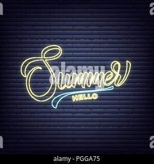 Hello Summer neon banner. Glowing sign of Summer vibes lettering Stock Vector