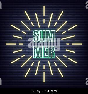 Summer neon banner. Glowing sign of Summer typography and sun rays Stock Vector
