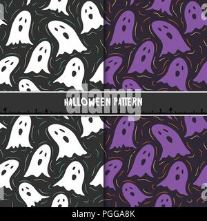 Halloween seamless pattern with cute cartoon ghosts. Design for background, wallpaper or gift wrapping paper. Vector illustration. Stock Vector