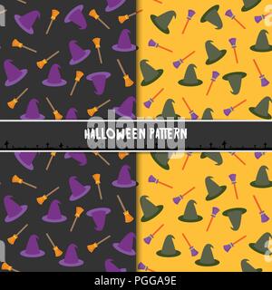 Halloween seamless pattern with hat and broom. Design for background, wallpaper or gift wrapping paper. Vector illustration. Stock Vector