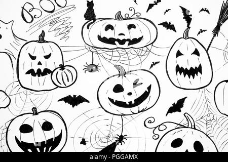 Halloween black and white concept. Markers hand drawing. Stock Photo