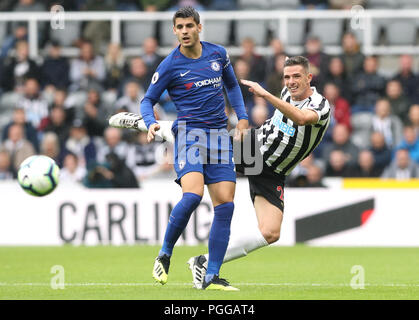 Chelsea's Alvaro Morata (left) and Newcastle United's Ciaran Clark during the Premier League match at St James' Park, Newcastle. PRESS ASSOCIATION Photo. Picture date: Sunday August 26, 2018. See PA story SOCCER Newcastle. Photo credit should read: Owen Humphreys/PA Wire. RESTRICTIONS: No use with unauthorised audio, video, data, fixture lists, club/league logos or 'live' services. Online in-match use limited to 120 images, no video emulation. No use in betting, games or single club/league/player publications. Stock Photo