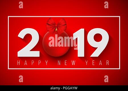 Happy new year 2019. Festive banner for your project. Falling snowflakes on a light red background. Paper numbers with a New Year's toy. Vector illust Stock Vector