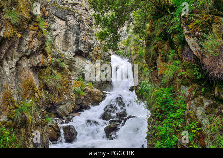 Mountain waterfall under cliffs among boulders in Altai mountains, Russia - beautiful summer landscape. Beauty of wild nature Stock Photo