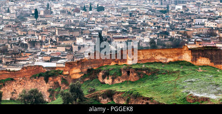 Morocco Fez panoramic aerial view of the old town seen behind the ancient walls Stock Photo