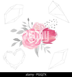 Set of watercolor floral composition with flowers, leaves, and polygonal frames. Perfect for wedding, invitations, blogs, template card. Stock Photo