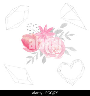 Set of watercolor floral composition with flowers, leaves, and polygonal frames. Perfect for wedding, invitations, blogs, template card. Stock Photo