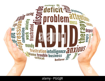 ADHD - Attention Deficit Hyperactivity Disorder word cloud hand sphere concept on white background. Stock Photo