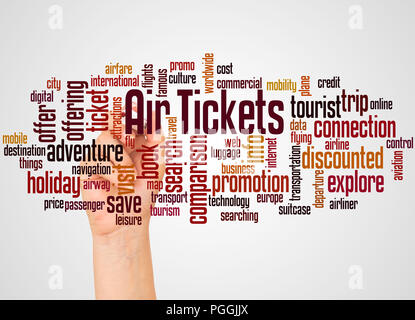 Air Tickets word cloud and hand with marker concept on white background. Stock Photo