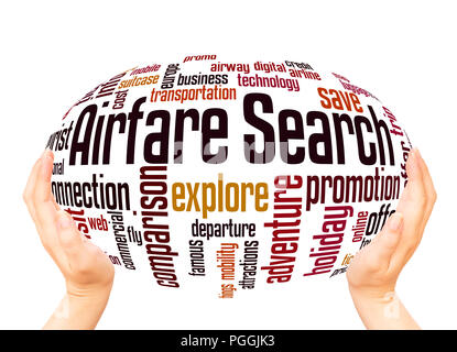 Airfare search word cloud hand sphere concept on white background. Stock Photo