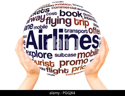 Airlines word cloud hand sphere concept on white background. Stock Photo