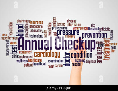 Annual checkup word cloud and hand with marker concept on white background. Stock Photo