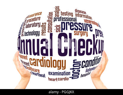 Annual checkup word cloud sphere concept on white background. Stock Photo