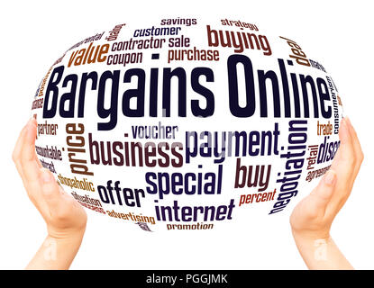 Bargains online word cloud hand sphere concept on white background. Stock Photo