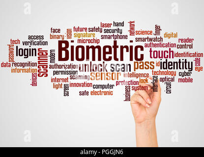 Biometric word cloud and hand with marker concept on gradient background. Stock Photo