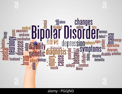 Bipolar disorder word cloud and hand with marker concept on gradient background. Stock Photo