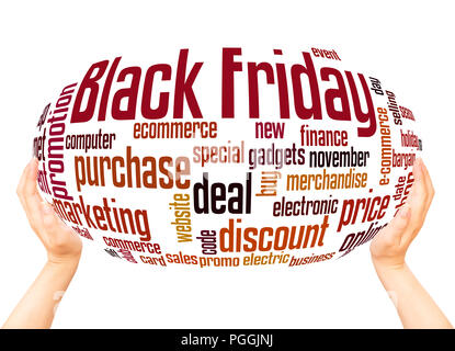 Black Friday word cloud sphere concept on white background. Stock Photo