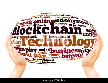Blockchain technology, word cloud hand sphere concept on white background. Stock Photo