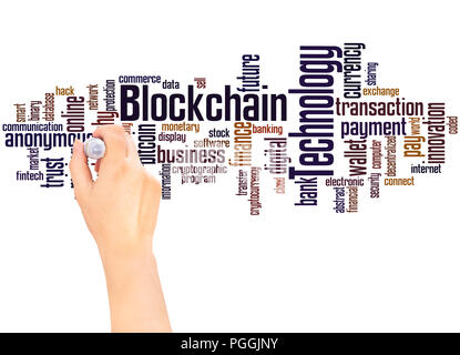 Blockchain technology word cloud hand writing concept on white background. Stock Photo