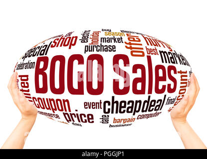 BOGO sales word cloud sphere concept on white background. Buy One Get One Free sales. Stock Photo