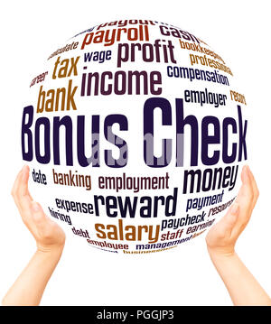Bonus Check word cloud sphere concept on white background. Stock Photo