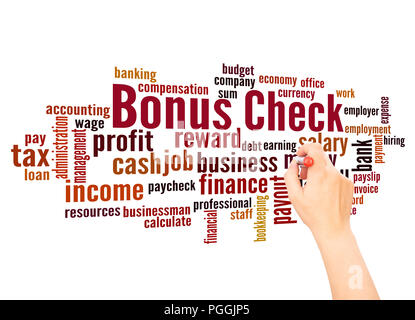 Bonus Check word cloud concept and hand writing on white background. Stock Photo